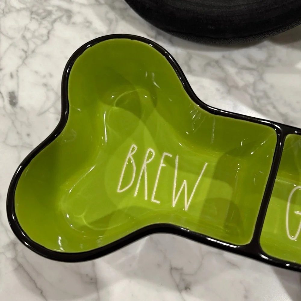 Rae Dunn BREW GRUEL Black & Green Ceramic Glaze Bone-Shaped Pet Bowl